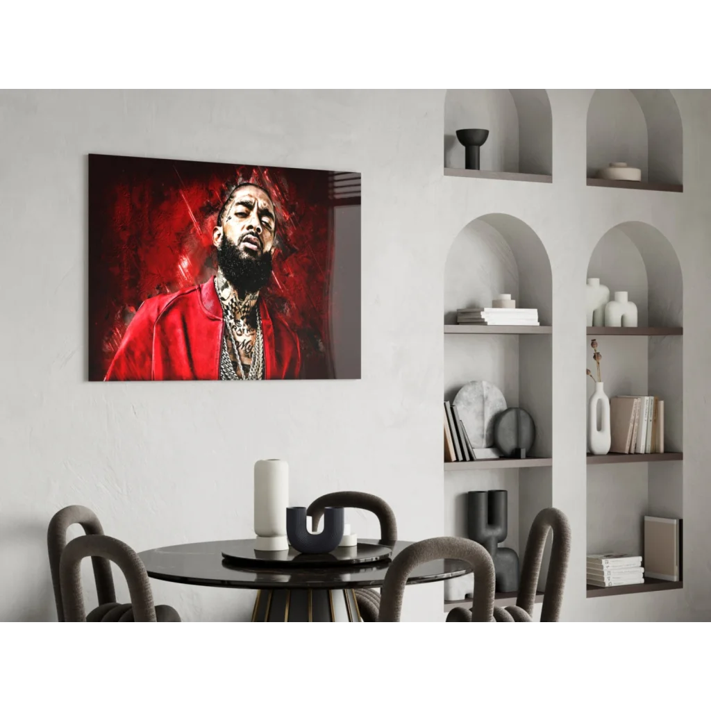 Vibrant red glass wall art print of bearded man in red jacket with gold chains