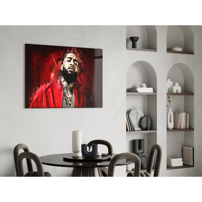 Vibrant red glass wall art print of bearded man in red jacket with gold chains
