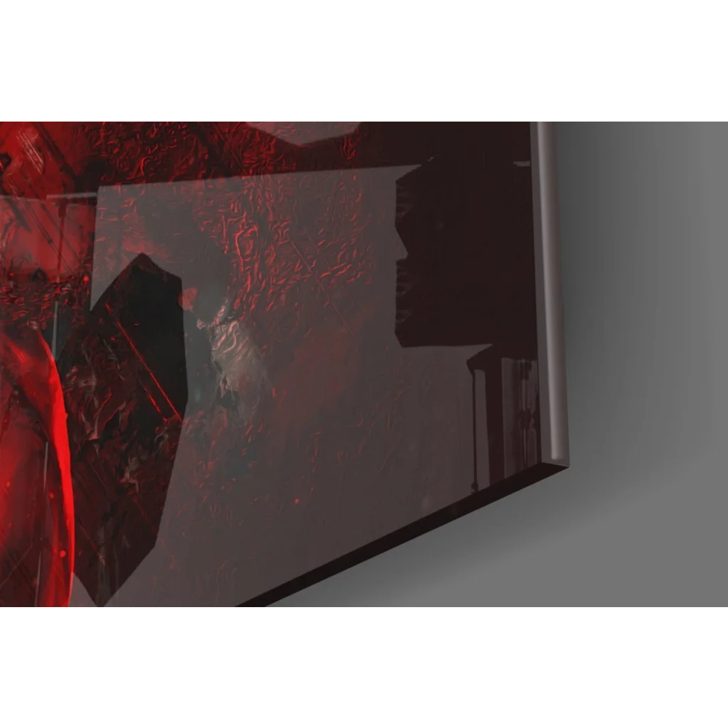 Sleek dark gray glass wall art monitor with red ambient lighting