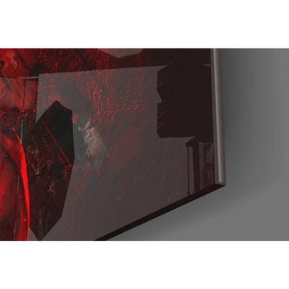 Sleek dark gray glass wall art monitor with red ambient lighting