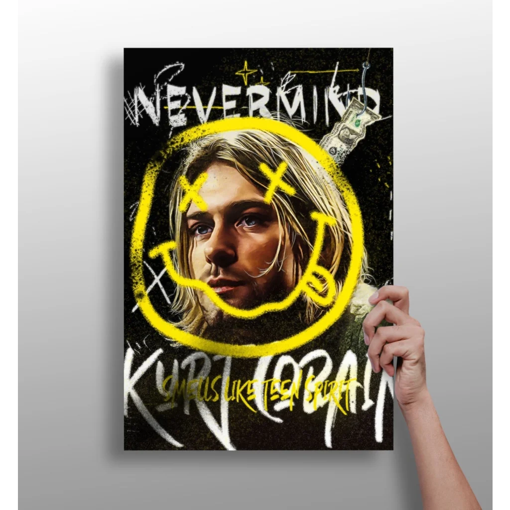 Yellow circle sticker on black Nirvana Nevermind album art print
