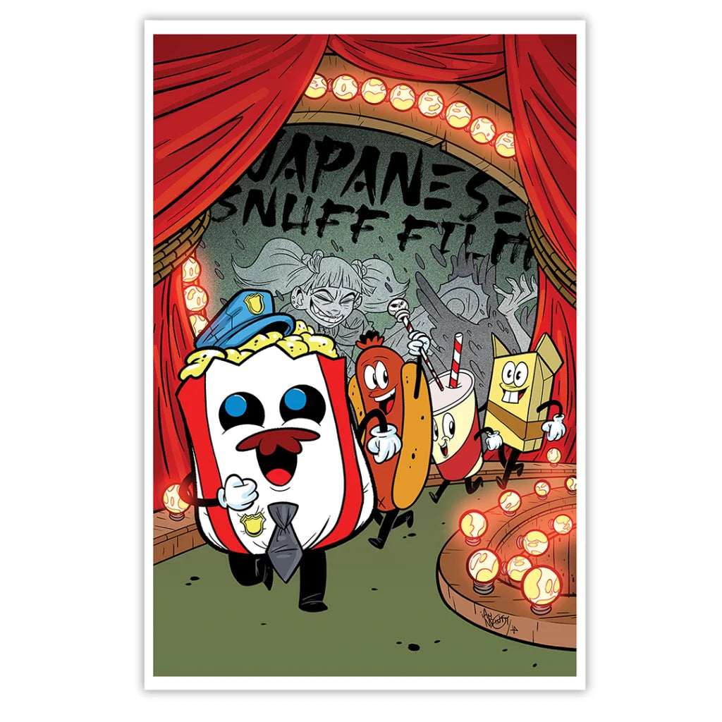 Cartoon popcorn character in police hat running with food characters from a scary movie, Noah Van Sciver style