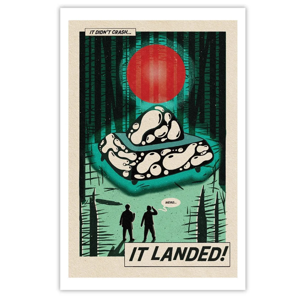 Comic book-style UFO landing in forest illustration from Noah Van Sciver Deluxe Collection