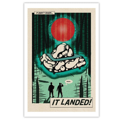 Comic book-style UFO landing in forest illustration from Noah Van Sciver Deluxe Collection