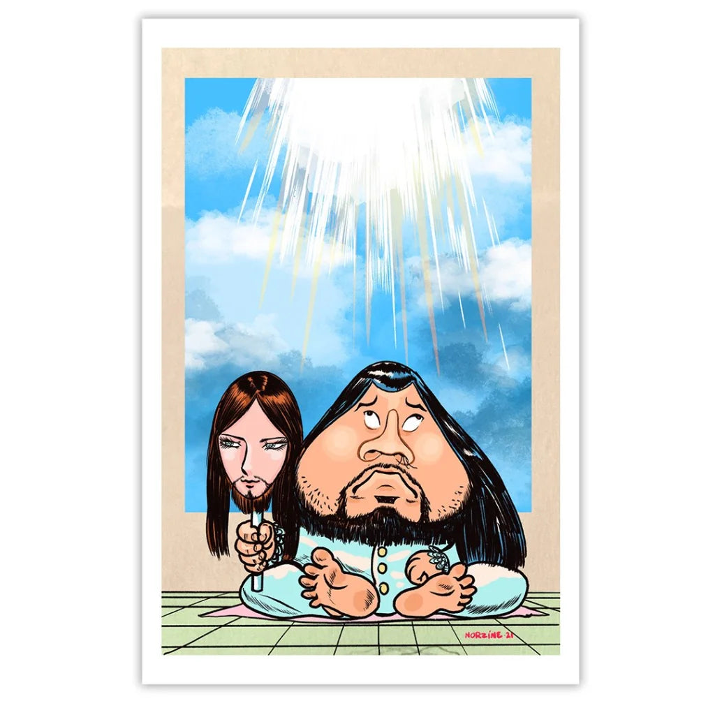 Cartoon of Noah Van Sciver holding a disembodied head under sunny sky illustration