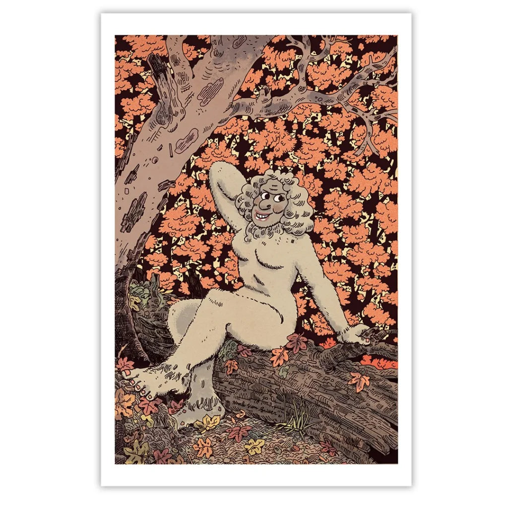 Whimsical illustration of a hairy nude smiling female by Noah Van Sciver among autumn leaves