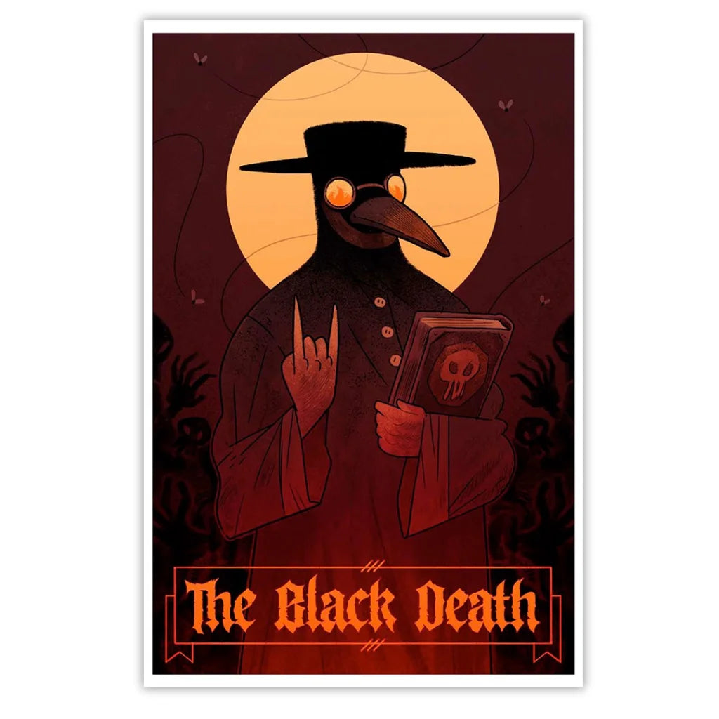 Noah Van Sciver horror comic art of plague doctor with skull book making rock gesture