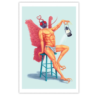 An anthropomorphic insect with pink wings, blue briefs, and lantern from Noah Van Sciver