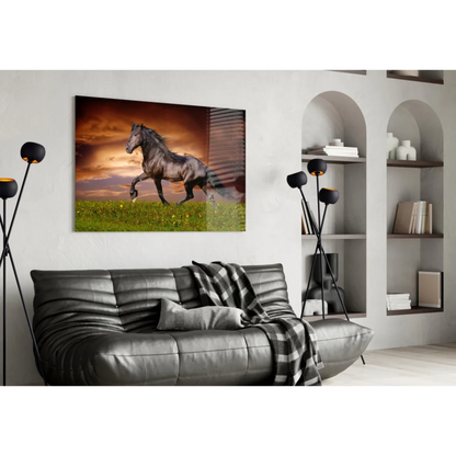 Galloping black horse on vibrant sunset field glass wall art