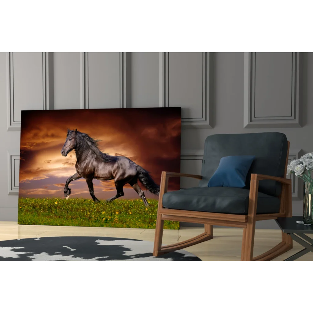 Galloping black horse glass wall art with sunset sky print