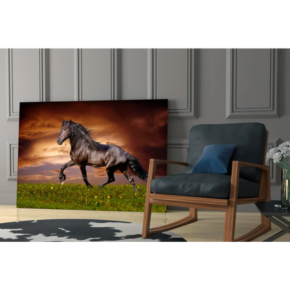 Galloping black horse glass wall art with sunset sky print