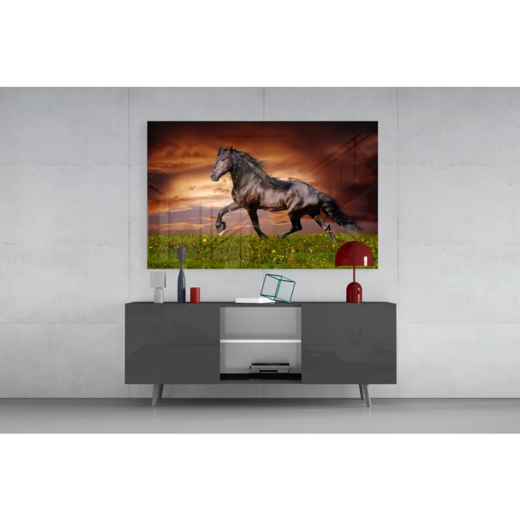 Striking black horse galloping in sunset on glass wall art print