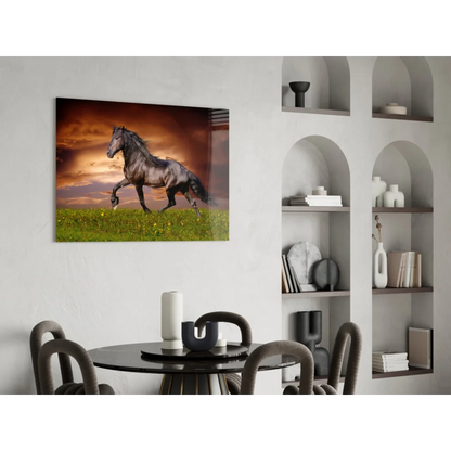 Black horse galloping in green field on glass wall art with sunset sky