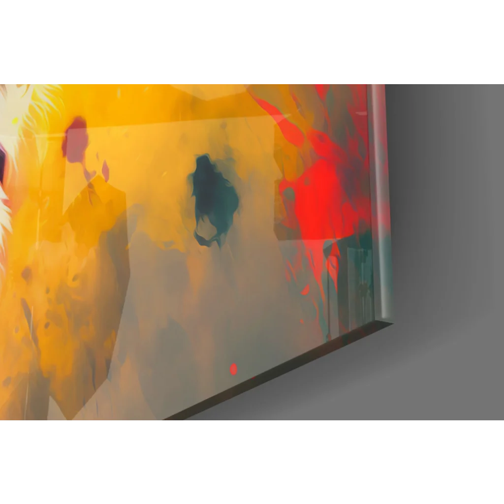 Fiery Lion abstract canvas wall art with bold yellow, red, teal splashes on gray