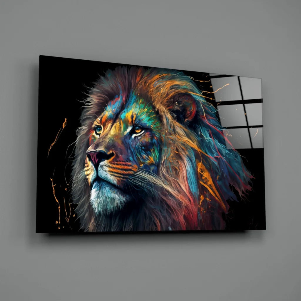 Majestic lion glass wall art with vibrant blue orange teal splashes