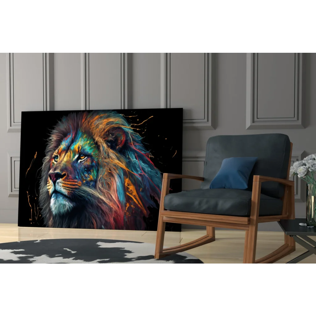 Majestic lion glass wall art with vibrant blue orange teal splashes