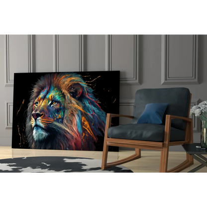 Majestic lion glass wall art with vibrant blue orange teal splashes