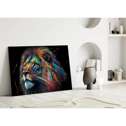 Majestic lion glass wall art with vibrant multicolored mane splash