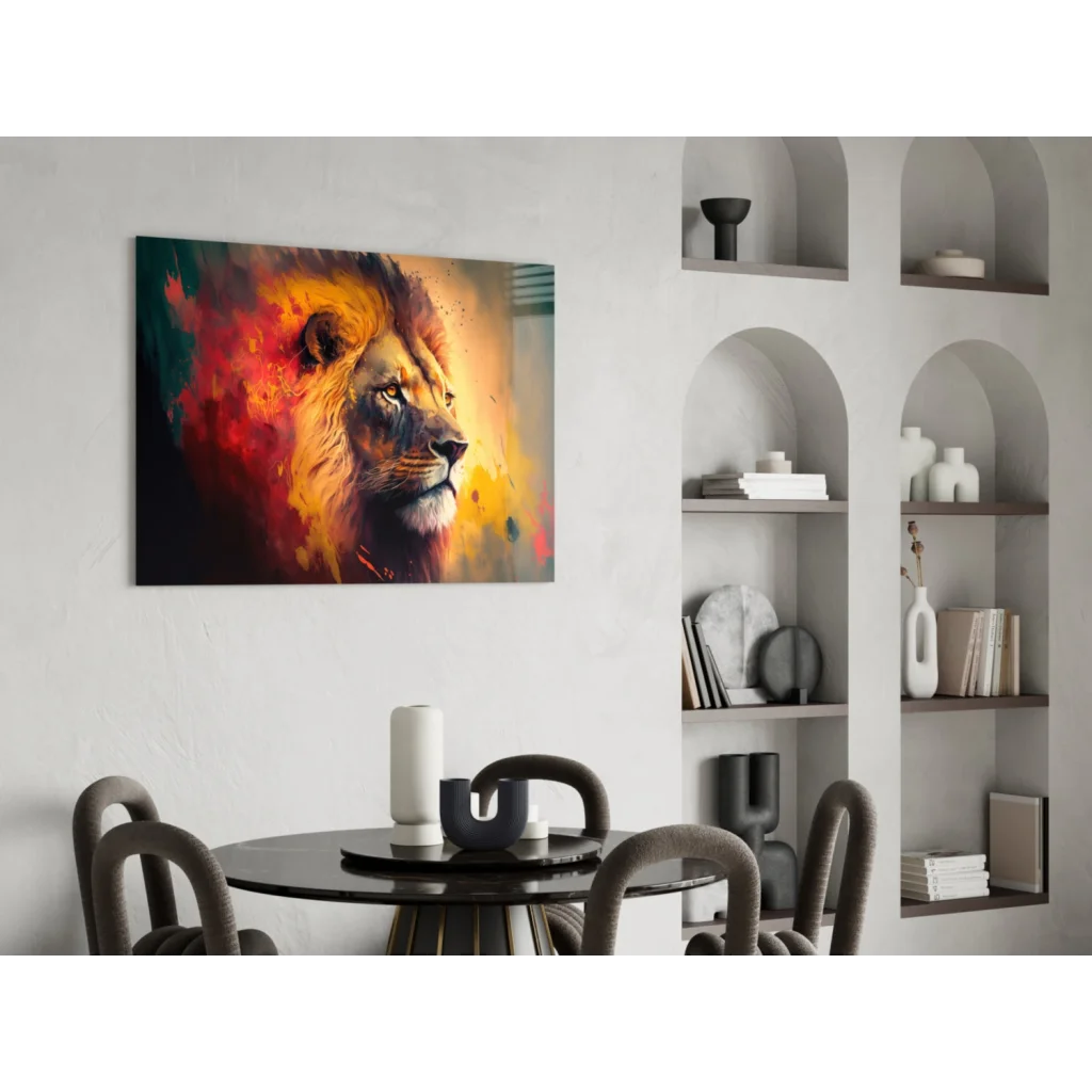 Vibrant fiery lion abstract canvas wall art in orange red yellow hues
