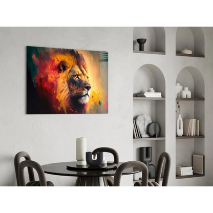 Vibrant fiery lion abstract canvas wall art in orange red yellow hues