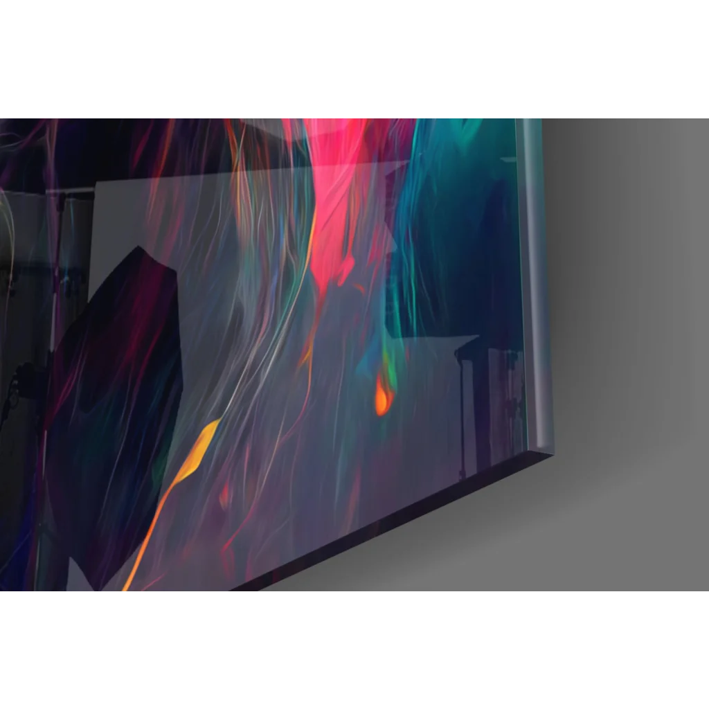 Sleek Explosive Lion glass wall art with neon pink, teal, orange bursts