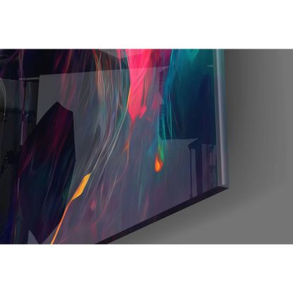 Sleek Explosive Lion glass wall art with neon pink, teal, orange bursts