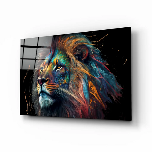 Majestic lion glass wall art with vibrant blue orange teal splashes