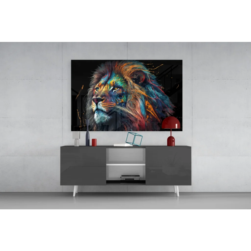 Majestic lion glass wall art with vibrant multicolored mane on glossy black background