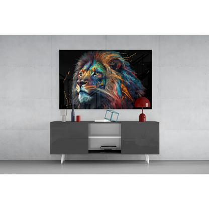 Majestic lion glass wall art with vibrant multicolored mane on glossy black background