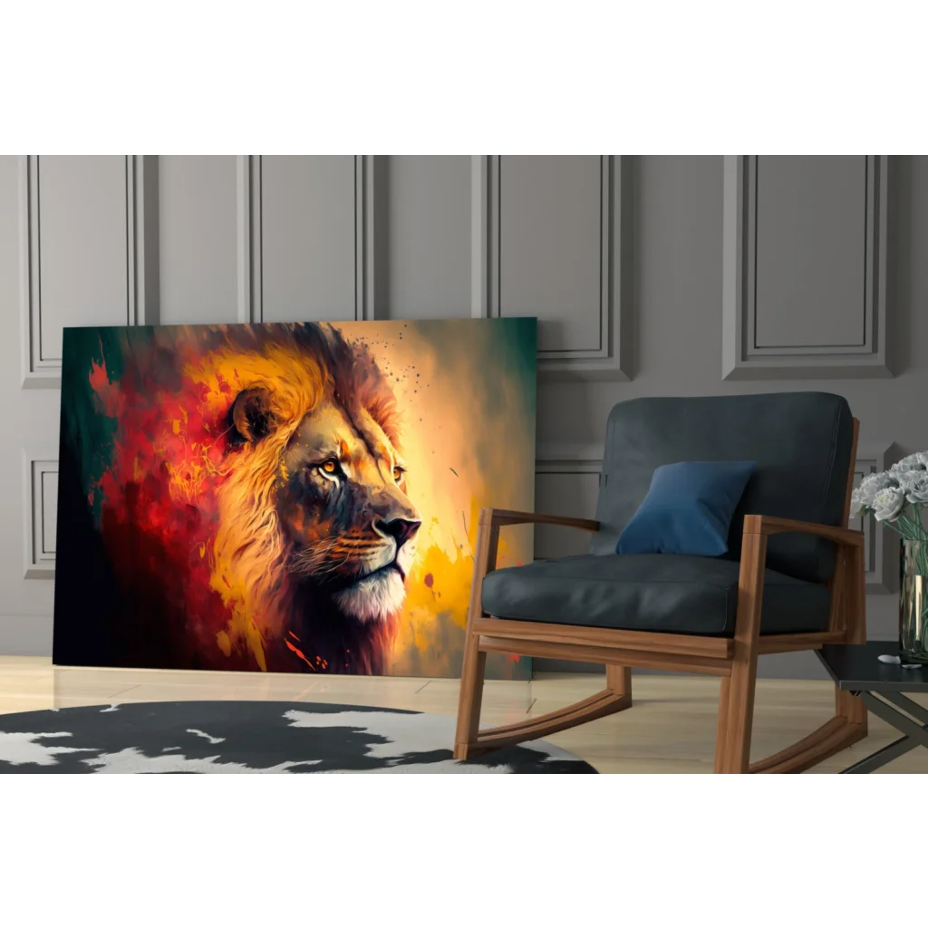 Vibrant fiery lion abstract canvas wall art with orange red splashes