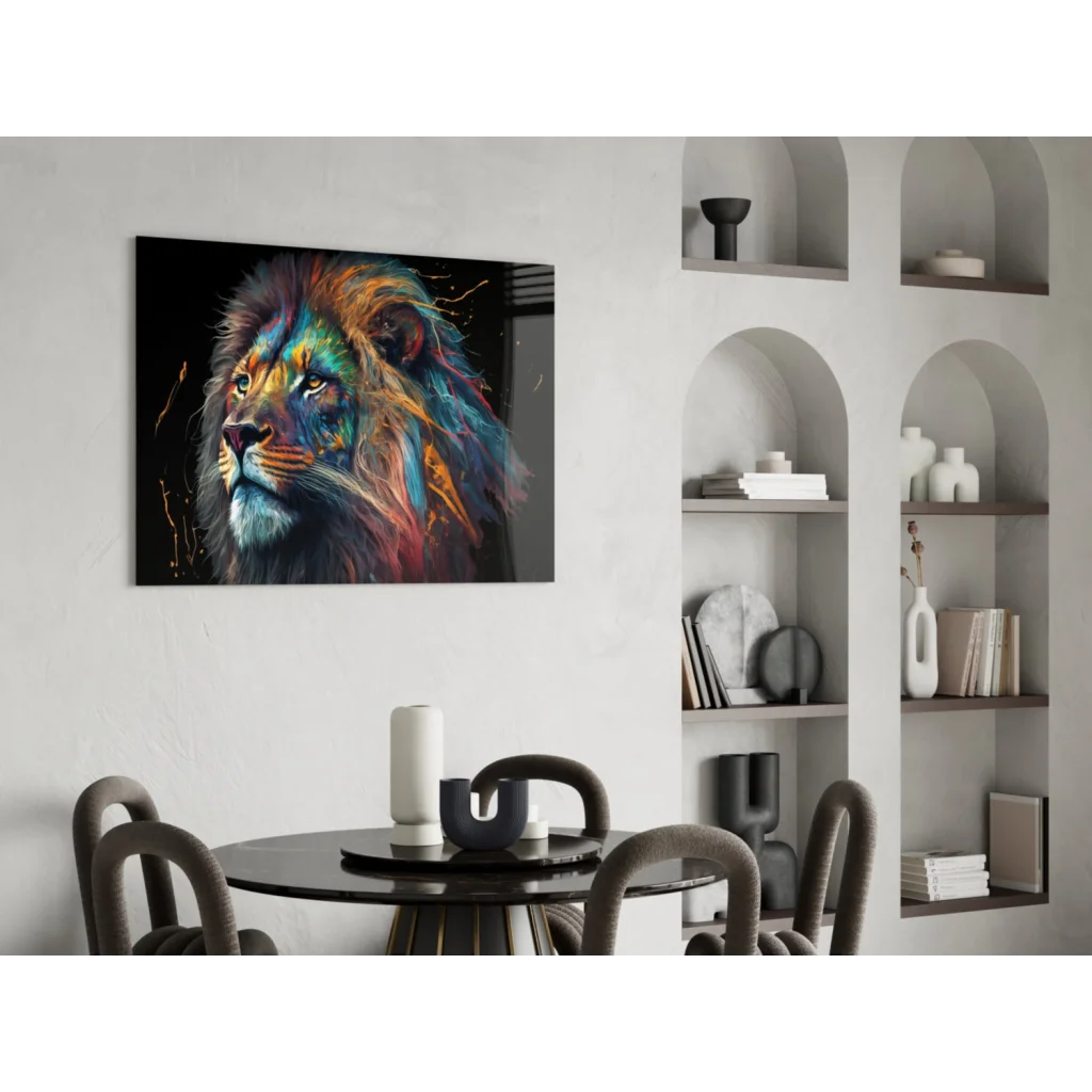 Majestic lion glass wall art with vibrant multicolored splash on black