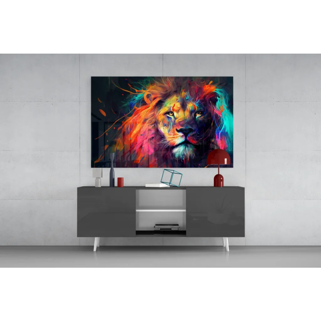 Vibrant explosive lion glass wall art with fiery neon mane bursts