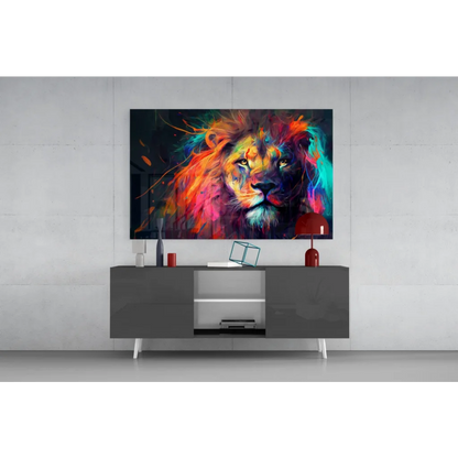 Vibrant explosive lion glass wall art with fiery neon mane bursts