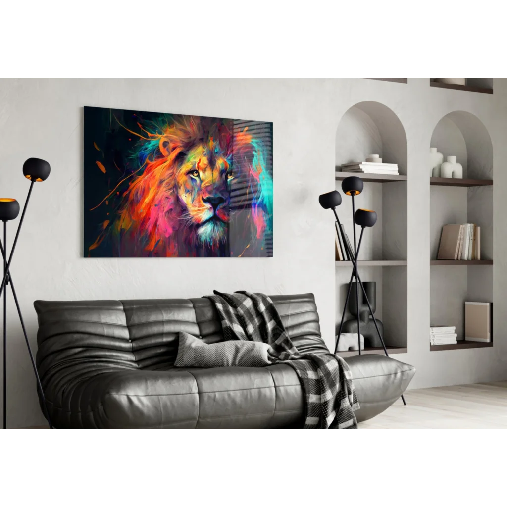 Explosive Lion Glass Wall Art with Neon Color Bursts | Contemporary Home Wall Art | vintageantiquesgifts.com