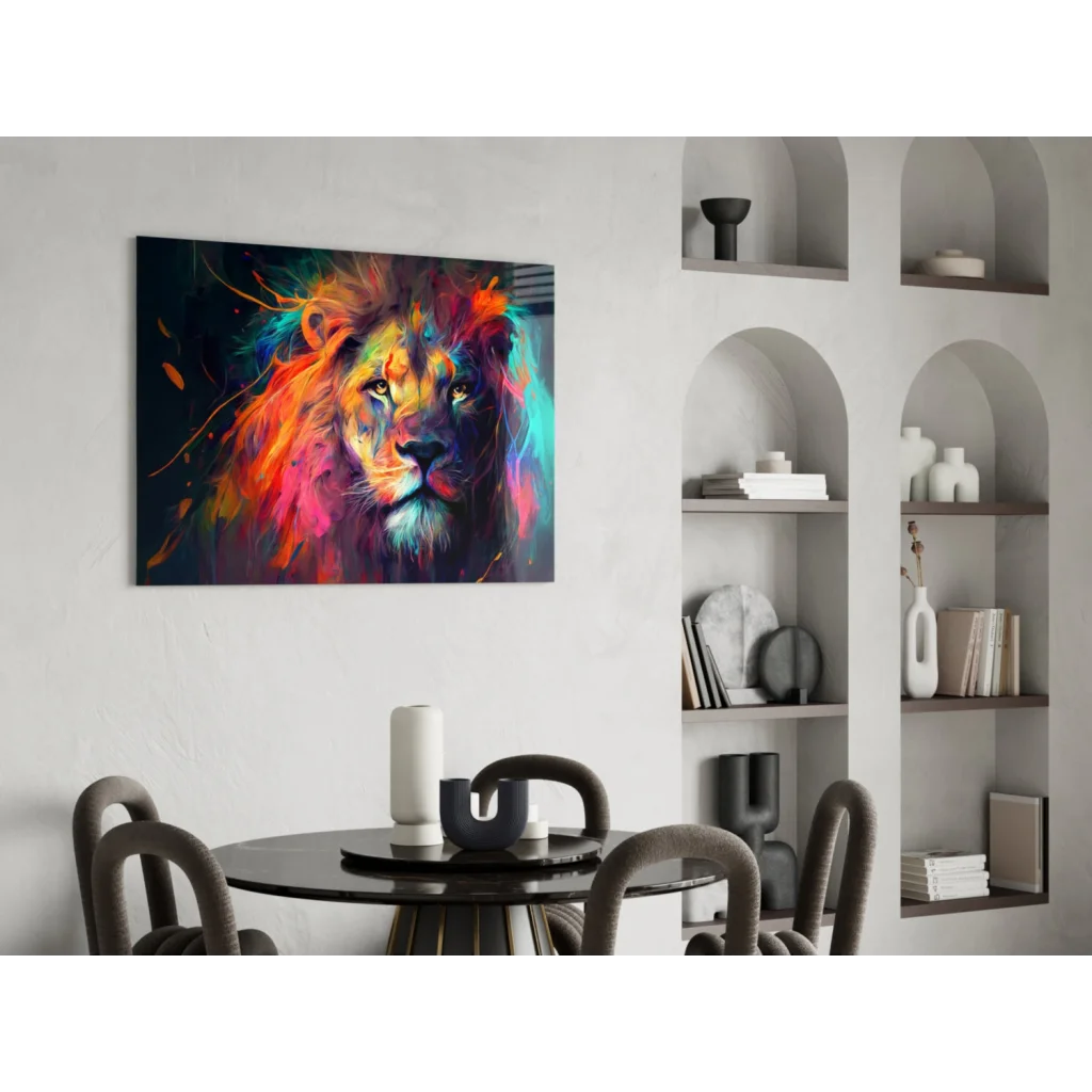 Vibrant explosive lion glass wall art with neon color bursts