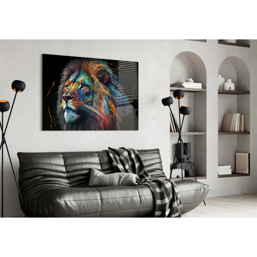 Vibrant multicolored abstract lion glass wall art on gray wall