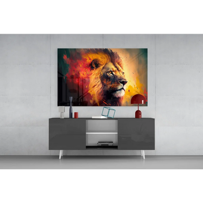 Fiery lion abstract wall art canvas with orange red splashes on dark mane