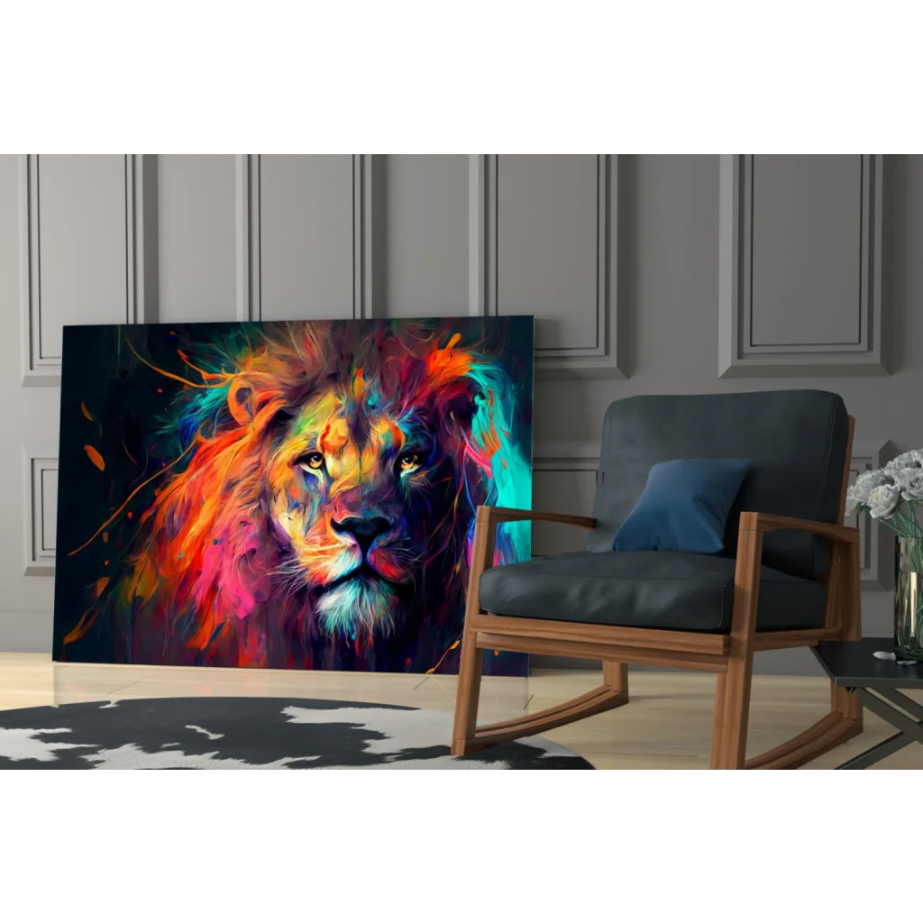 Vibrant abstract lion glass wall art with fiery orange, blue, magenta bursts