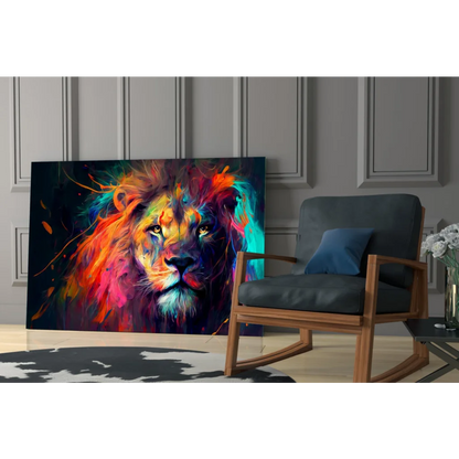 Vibrant abstract lion glass wall art with fiery orange, blue, magenta bursts