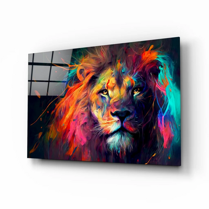 Explosive Lion Glass Wall Art with Neon Color Bursts | Insigneart USA | vintageantiquesgifts.com
