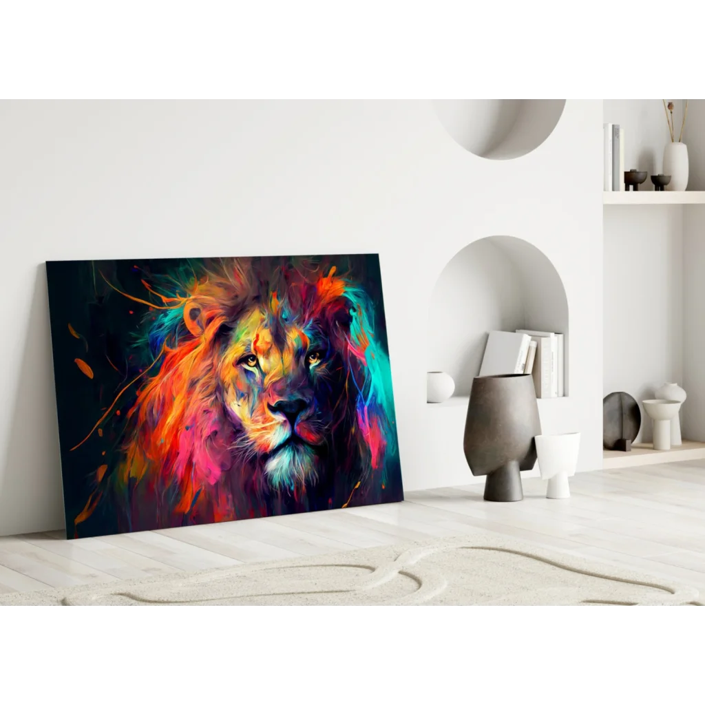 Explosive Lion Glass Wall Art with Neon Color Bursts | Modern Wall Art Decor | vintageantiquesgifts.com