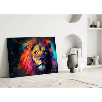 Explosive Lion Glass Wall Art with Neon Color Bursts | Modern Wall Art Decor | vintageantiquesgifts.com