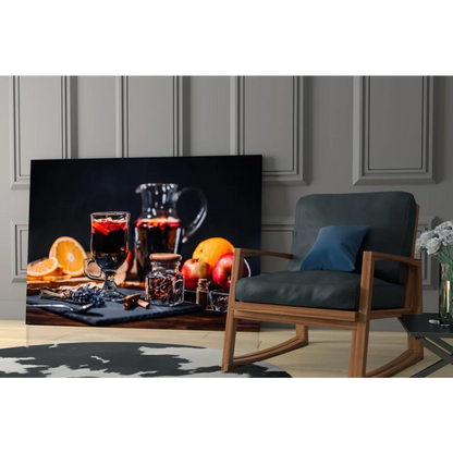 Black-framed spiced wine glass wall art canvas print with red wine, oranges, spices
