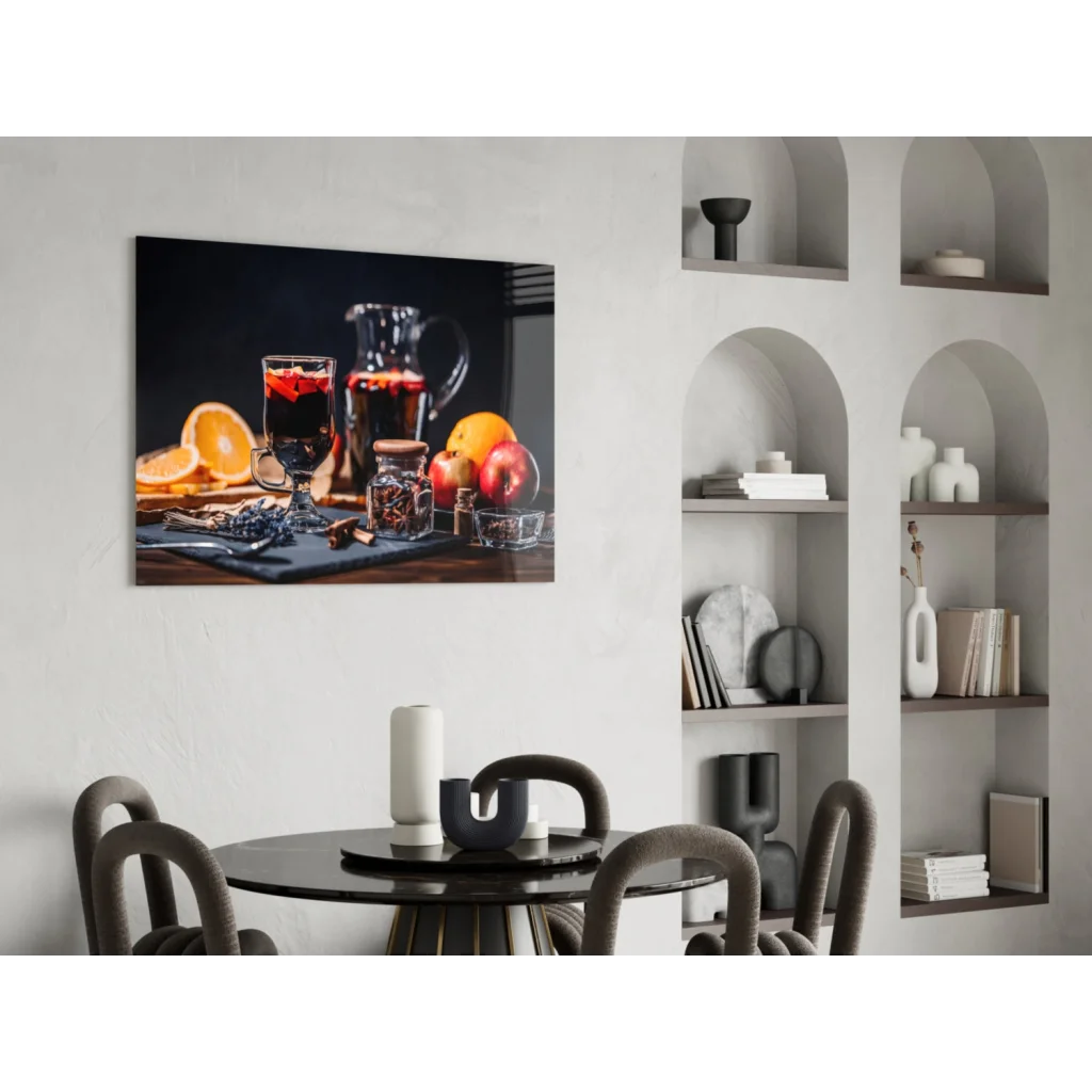Black-framed spiced wine glass wall art canvas print with red wine, citrus, spices on slate
