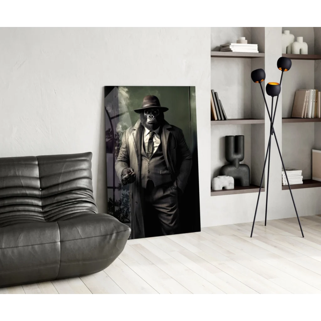 Noir Detective Skull Fedora canvas wall art print with black leather couch