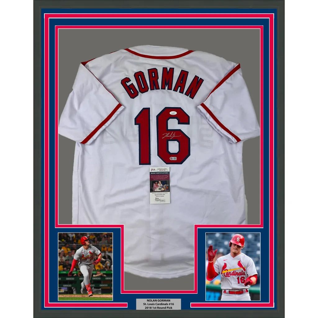 Framed Nolan Gorman autographed jersey display with photos and plaque for wall decor