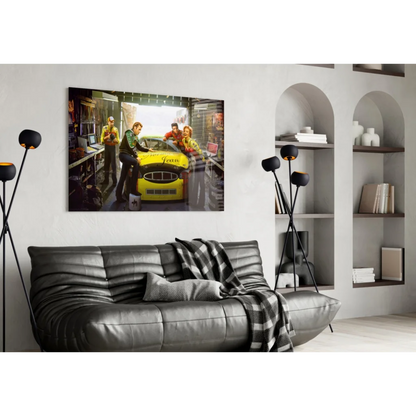 Vibrant yellow NASCAR race car glass wall art in garage scene