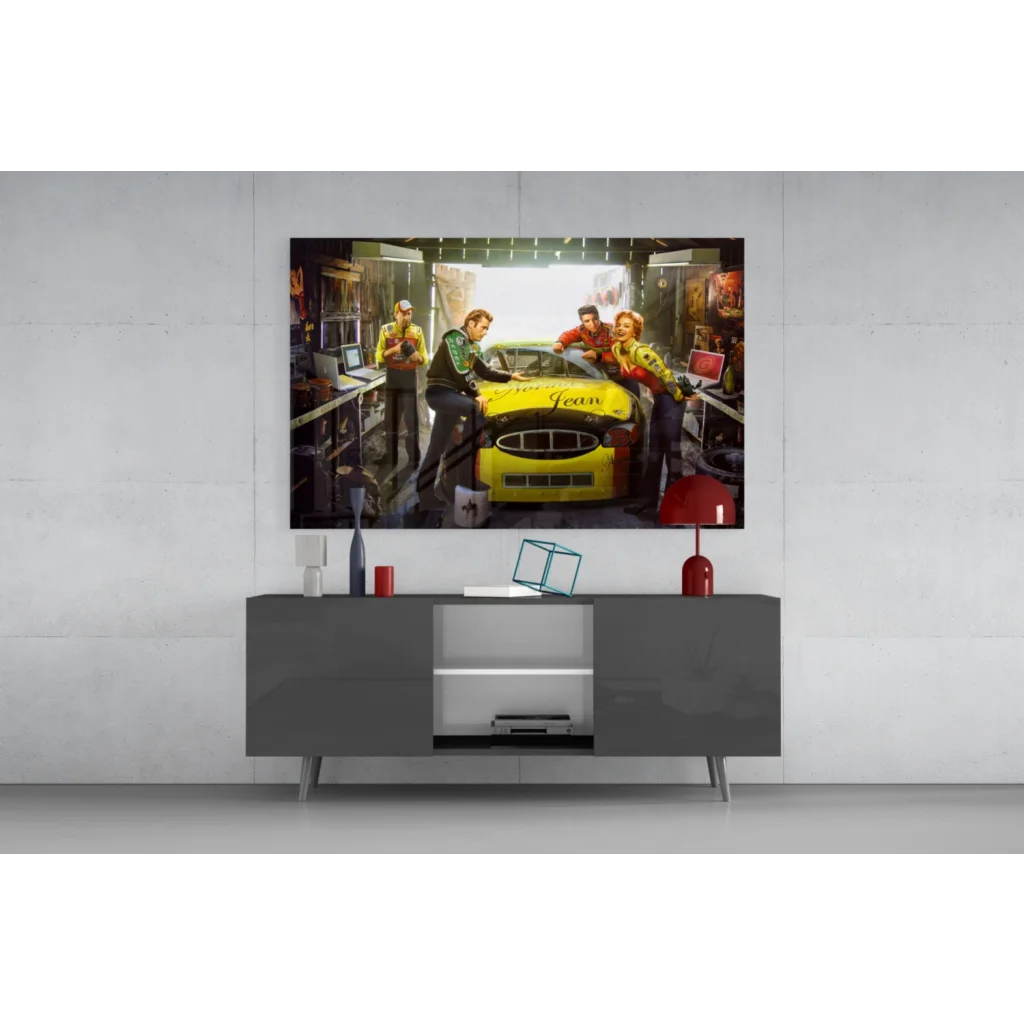 Vibrant yellow Norma Jean racing car glass wall art NASCAR print