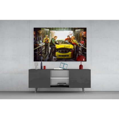 Vibrant yellow Norma Jean racing car glass wall art NASCAR print