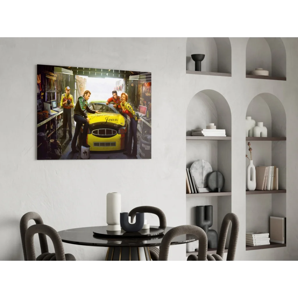 Yellow NASCAR race car glass wall art in garage scene
